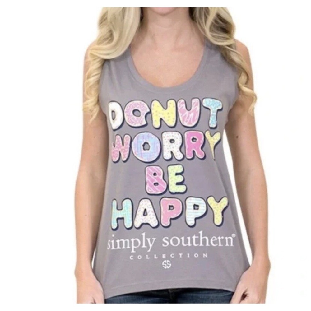 Simply Southern Women Gray Donut Worry Be Happy Tank Top Hi-Lo Hem Size Medium